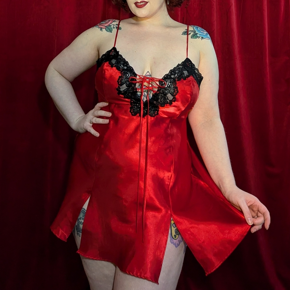 Frederick's of Hollywood Red satin chemise with black lace and corset detail
